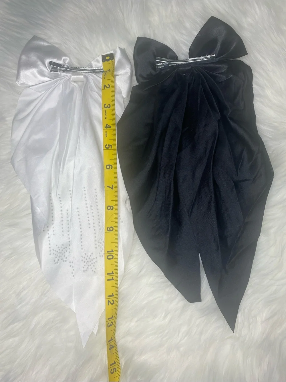 Satin Like Hair Bow With Rhinestones (1 Black & 1 White)